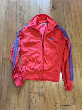 adidas Red Track Jacket with Blue Three-Stripes